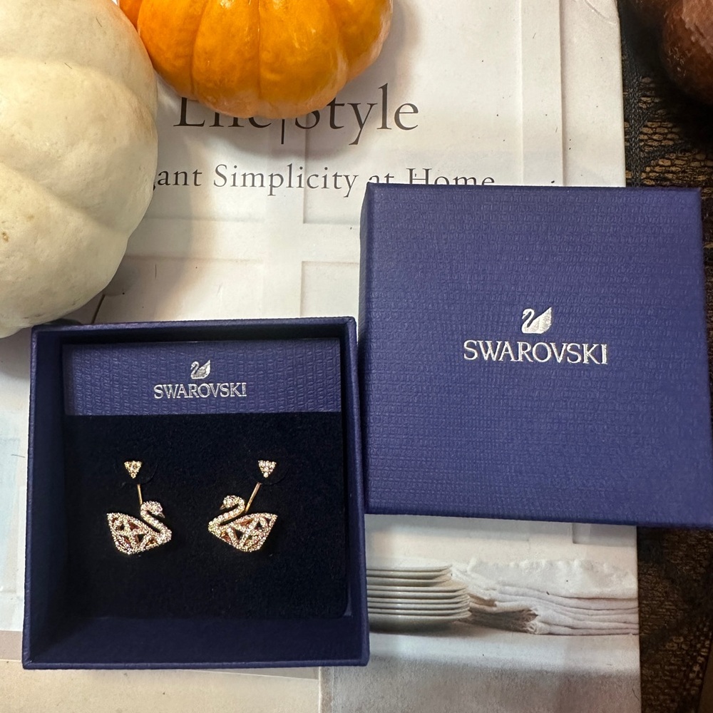 Swarovski Facet Swan Pierced Earrings White, Rose-Gold Tone Plated